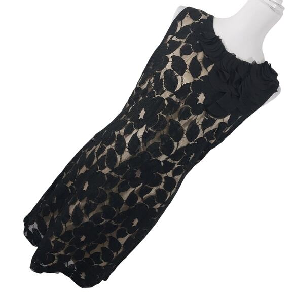 LIV! SILHOUETTE BLACK LEAVES OVER NUDE CHIFFON FLUTTERY NECK DETAIL DRESS! SZ 12 - Picture 1 of 9